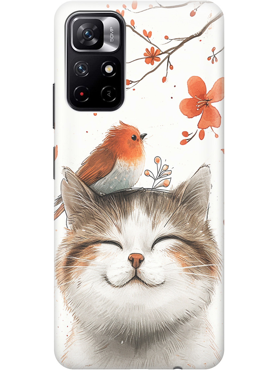

Силиконовый чехол на Xiaomi Poco M4 Pro 5G с принтом "Довольный котик и птичка", Прозрачный;белый;красный, 734580711