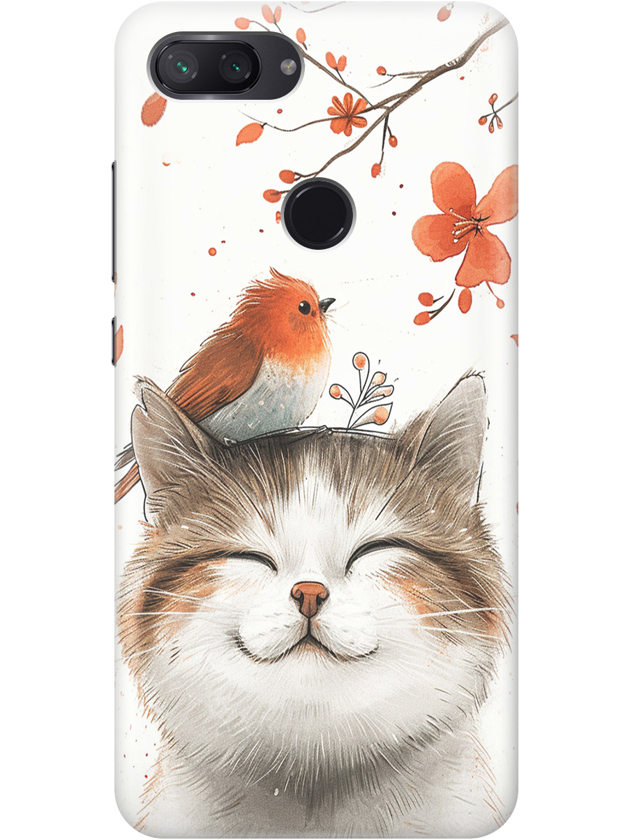 

Силиконовый чехол на Xiaomi Mi 8 Lite с принтом "Довольный котик и птичка", Прозрачный;белый;красный, 719373211