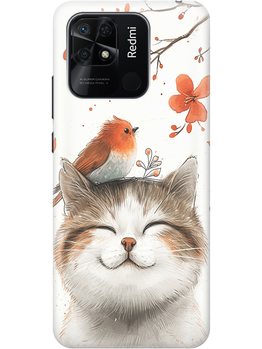 

Силиконовый чехол на Xiaomi Redmi 10C с принтом "Довольный котик и птичка", Прозрачный;белый;красный, 736538711