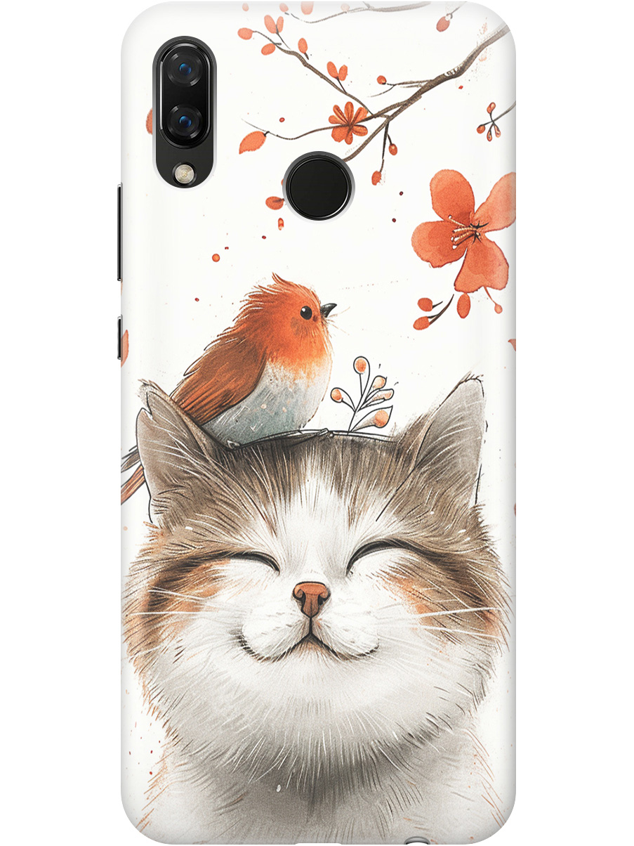 

Силиконовый чехол на Huawei Nova 3 с принтом "Довольный котик и птичка", Прозрачный;белый;красный, 718981111