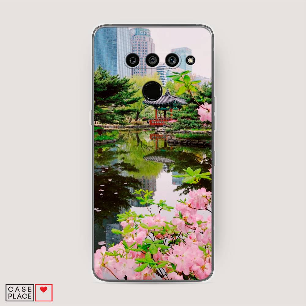 

Чехол на LG V50 ThinQ "Сакура возле озера", Зеленый;розовый;голубой, 83850-2