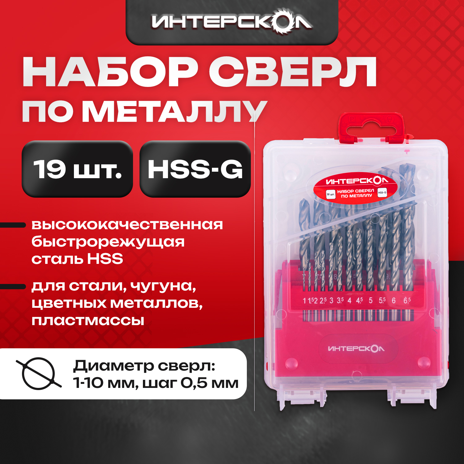 Набор сверел по металлу HSS-G 19 шт 18101019 Интерскол 2150₽