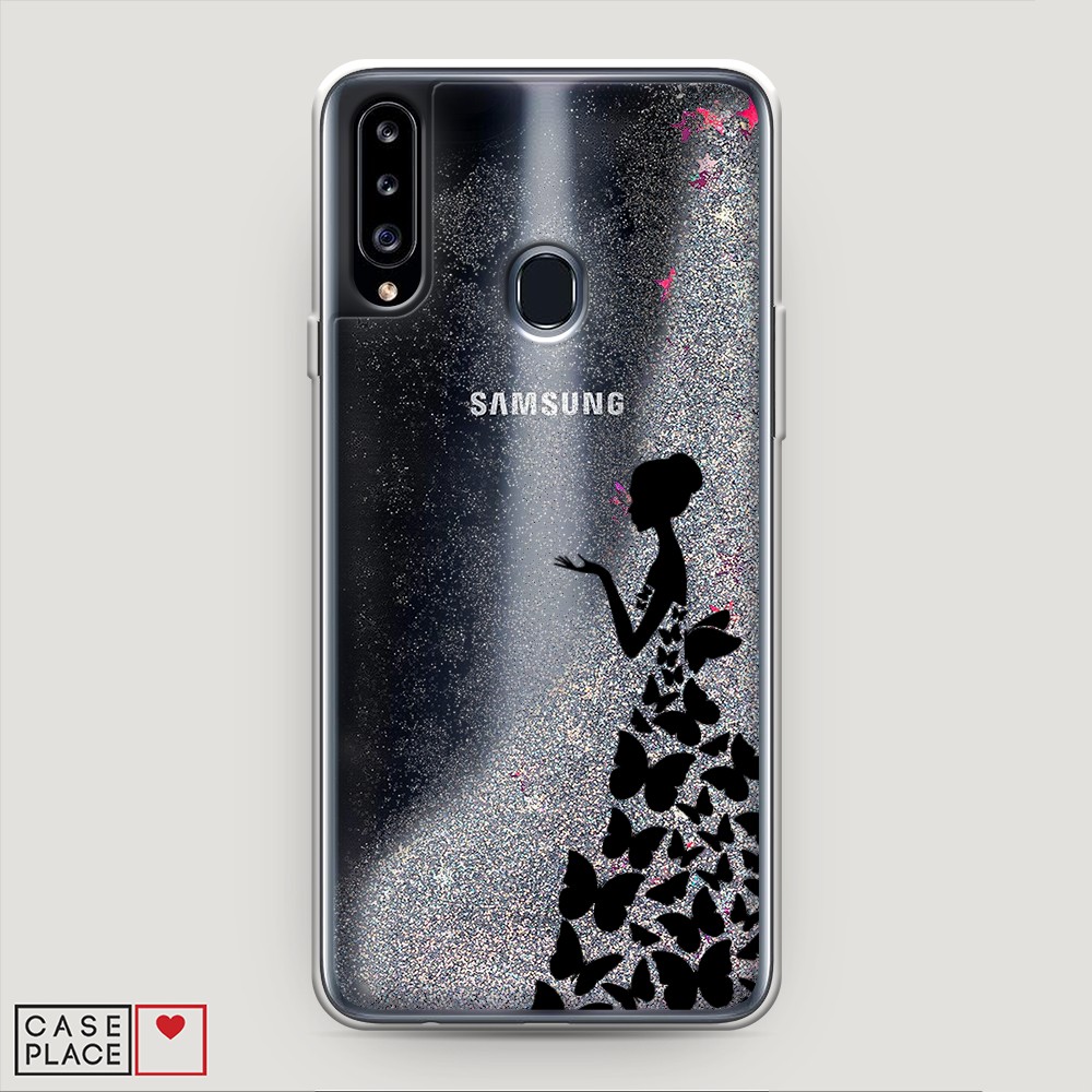 фото Жидкий чехол с блестками "дама в бабочках" на samsung galaxy a20s awog