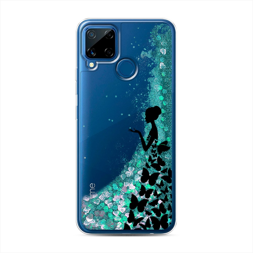 фото Жидкий чехол с блестками "дама в бабочках" на realme c15 awog