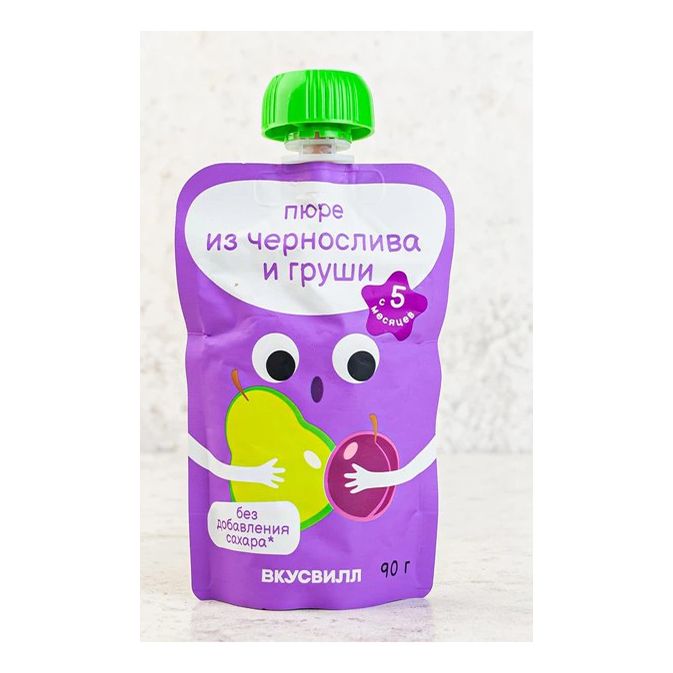 

Пюре ВкусВилл из чернослива и груши с 5 месяцев 90 г, из чернослива и груши