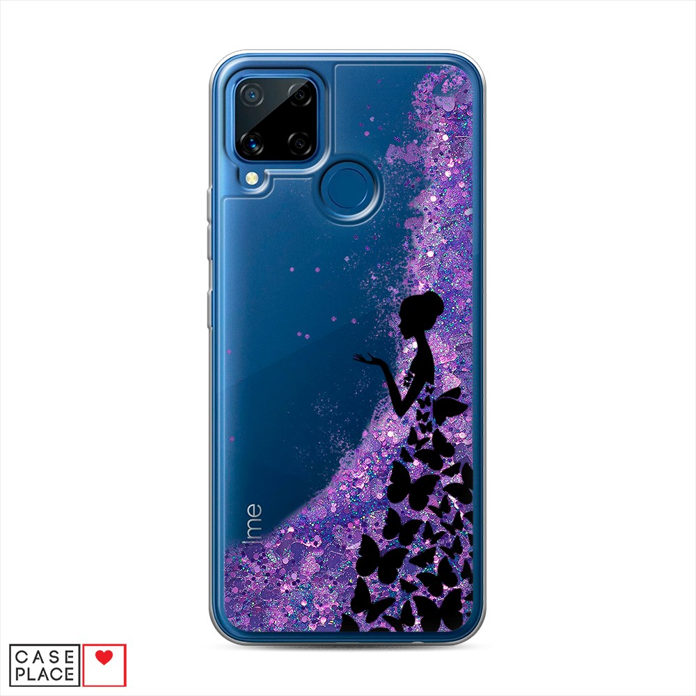 фото Жидкий чехол с блестками "дама в бабочках" на realme c15 awog