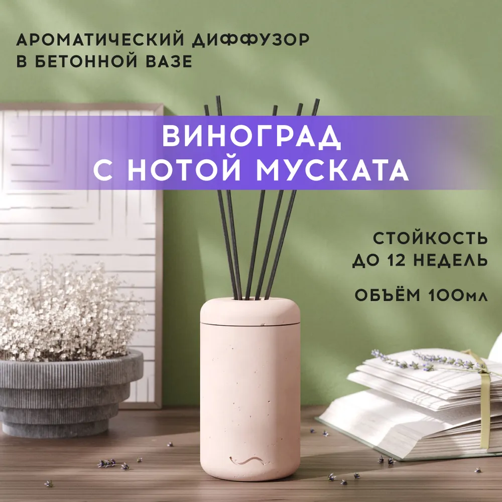 

Аромадиффузор MUSKO HOME 100 мл Виноград и мускат в бетонной вазе Esther