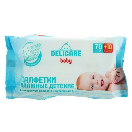 фото Салфетки влажные детские delicare с экстрактом ромашки и витамином e 80 шт