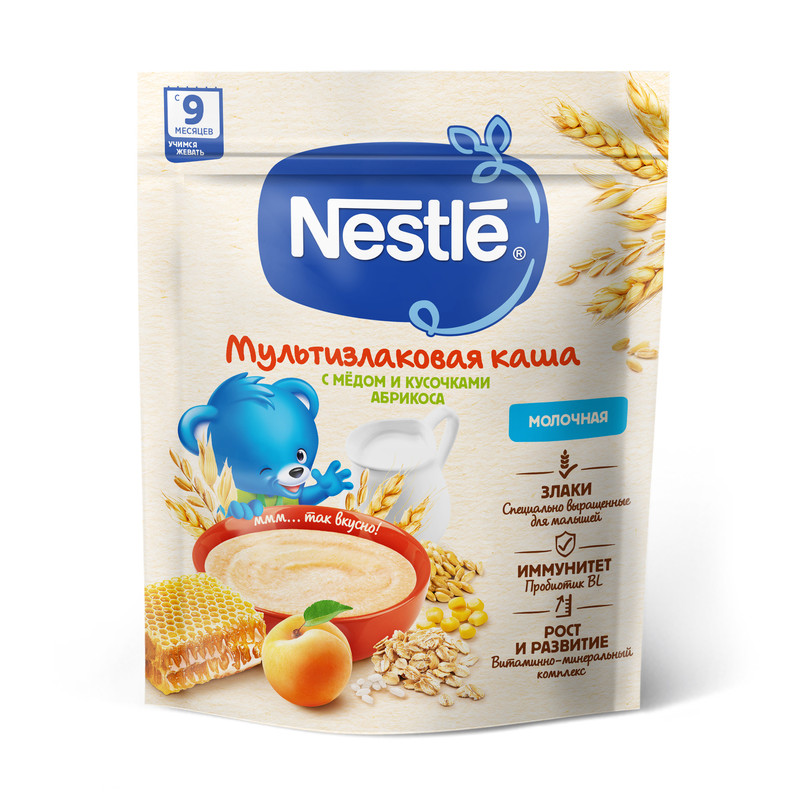 Каша Nestle молочная мультизлаковая с мёдом и кусочками абрикоса 9м+ 200г с бифидобак. BL малютка каша молочная кукуруза 220г