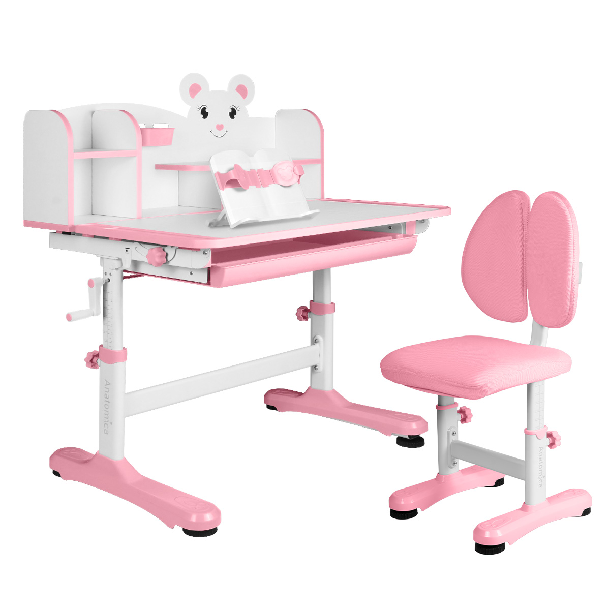 фото Комплект anatomica umka xl парта, стул, надстройка, выдвижной ящик, розовый