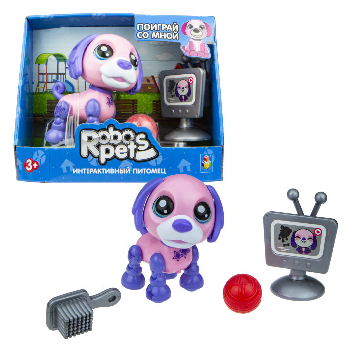 Интерактивная игрушка 1toy Озорной щенок розово-фиолетовый, со звуковыми эффектами