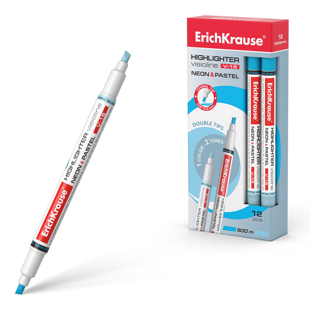

Двухсторонний текстмаркер ErichKrause Visioline V-16 56018 Neon+Pastel, 12 штук, Голубой, Visioline V-16
