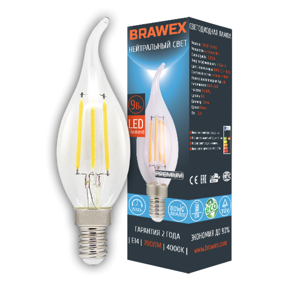 Светодиодная лампа Brawex LED Filament Candle 9W 4000K E14 C35QF-E14-9N