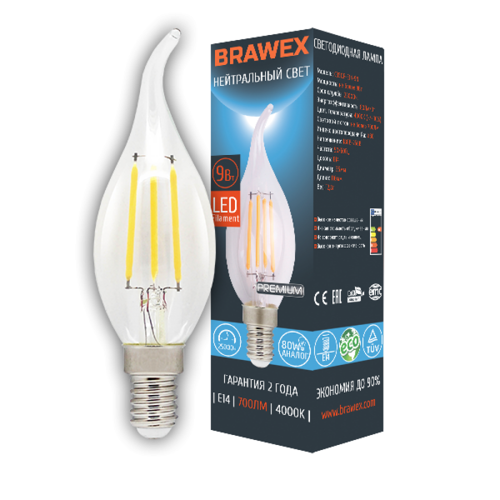 

Светодиодная лампа Brawex LED Filament Candle 9W 4000K E14 C35QF-E14-9N