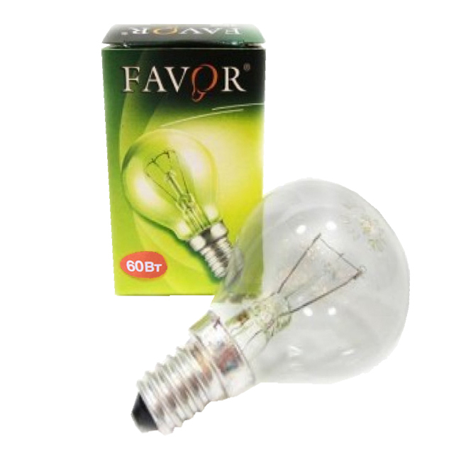 Лампа накал. FAVOR P45 60W E14 CL (миньон) шарик прозрачный (ДШ 230-60 Е14)