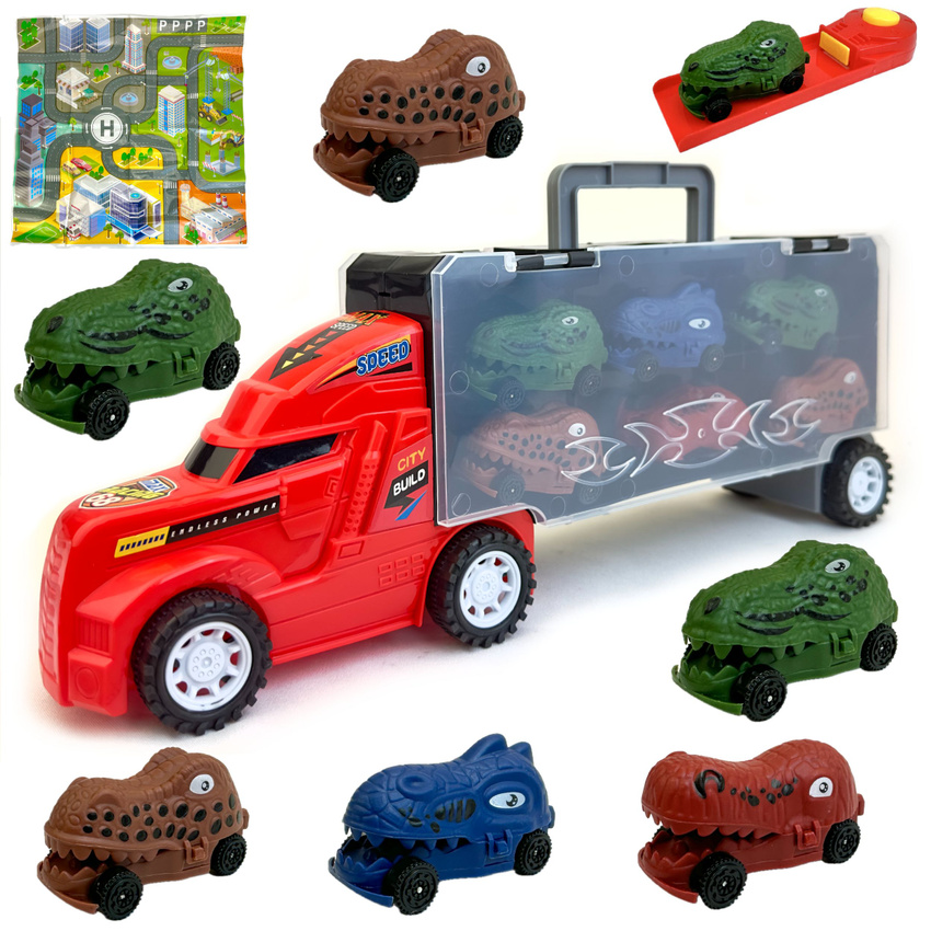 Трейлер-гараж с набором машинок PLAYSMART машина-автовоз кейс с ручкой красный 3240₽