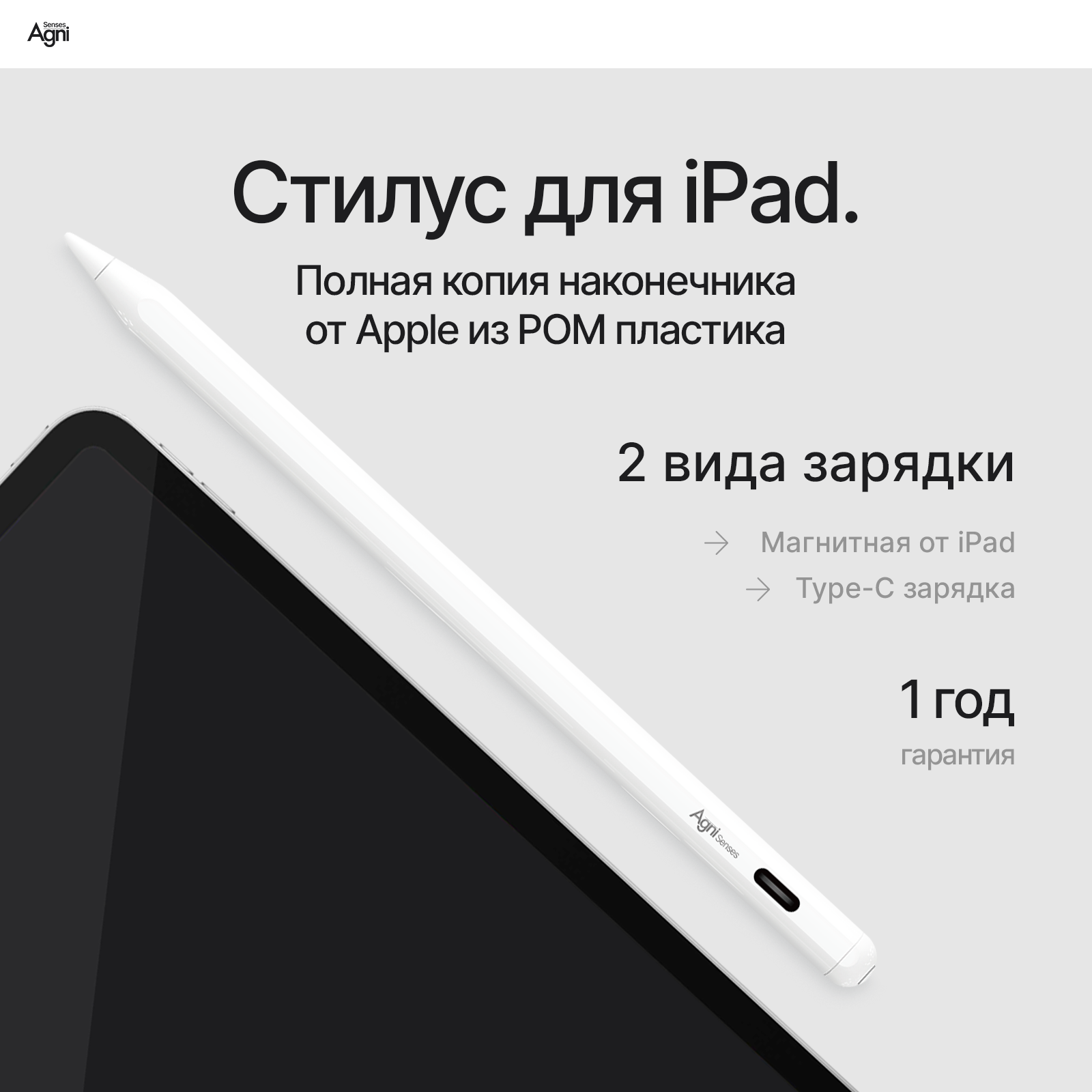 Стилус для iPad, AGNI Senses. Apple pencil 2 для планшетов с магнитной зарядкой и Type-C