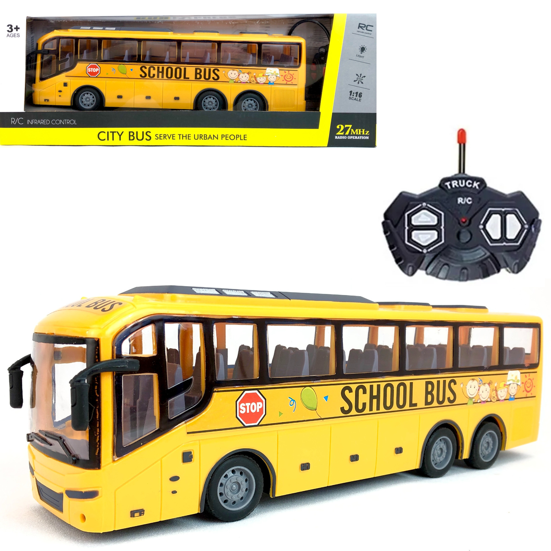 Радиоуправляемый автобус City Bus School Bus, подсветка салона, 31х10х8 см, 1:16, 106763