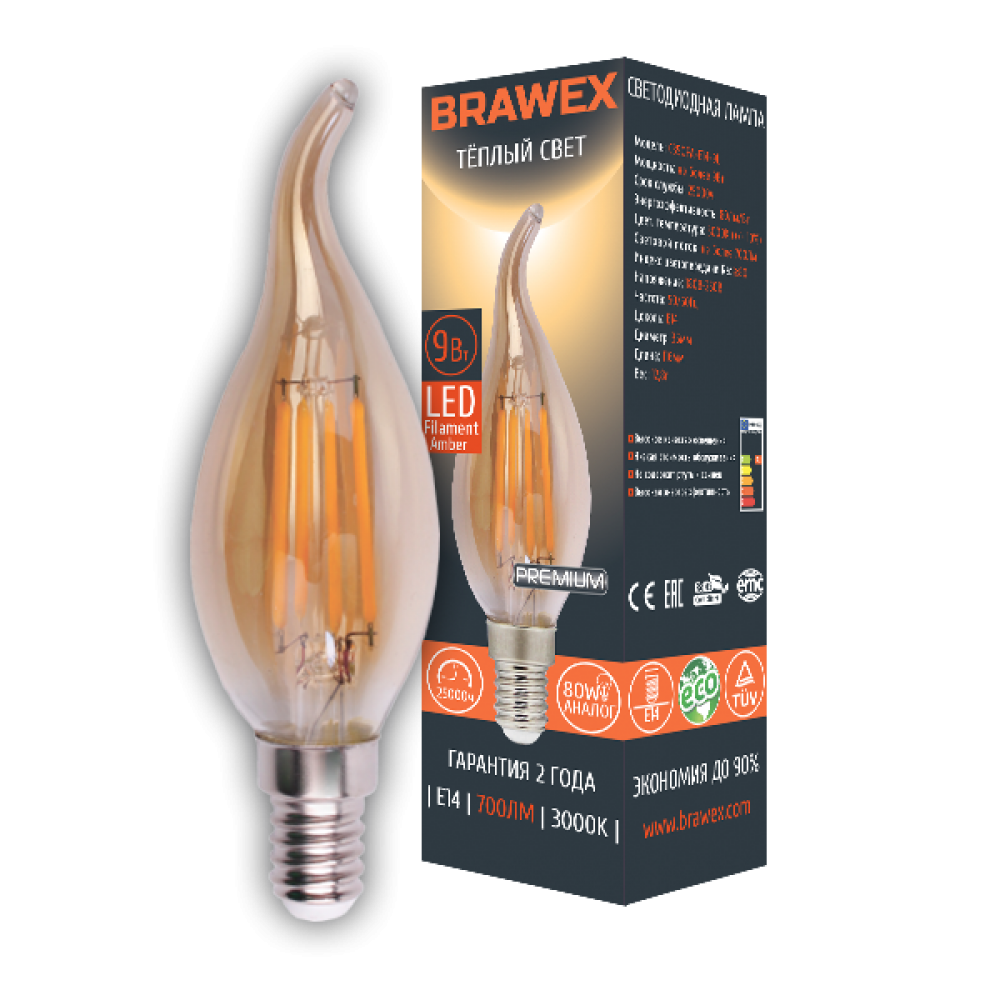 

Светодиодная лампа Brawex LED Filament Candle золотая 9W 3000K E14 C35QFA-E14-9L