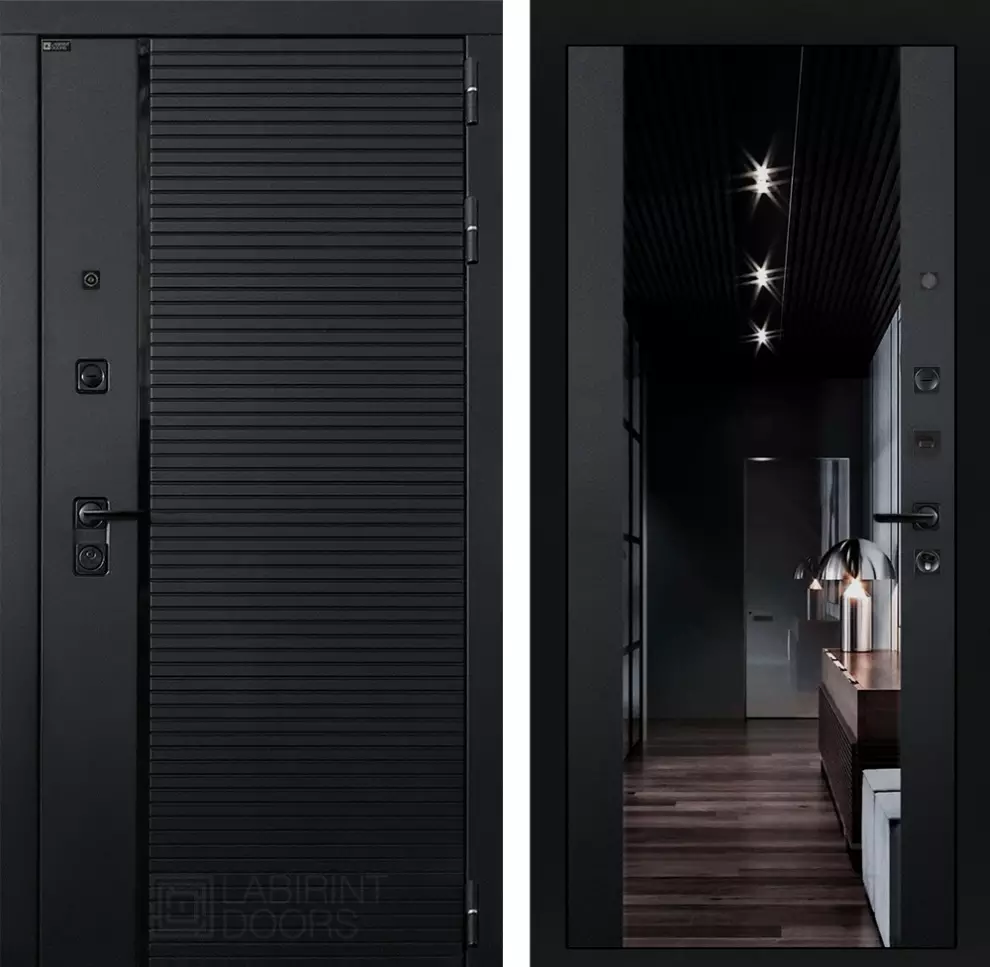 Входная дверь LABIRINT PIANO 880х2050 левая с панелью зеркало максимум черный кварц