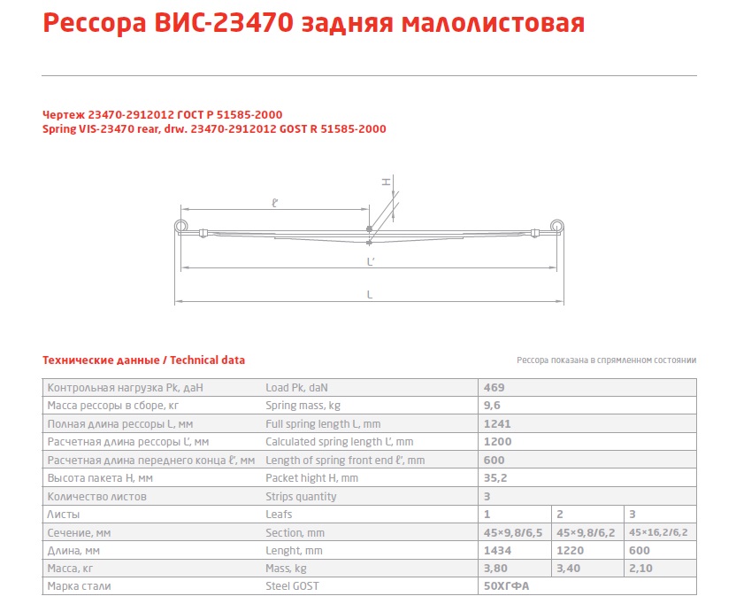 Рессора ВИС ПИКАП 2347/2349 3 листа малолистовая (г.п. 470 кг)