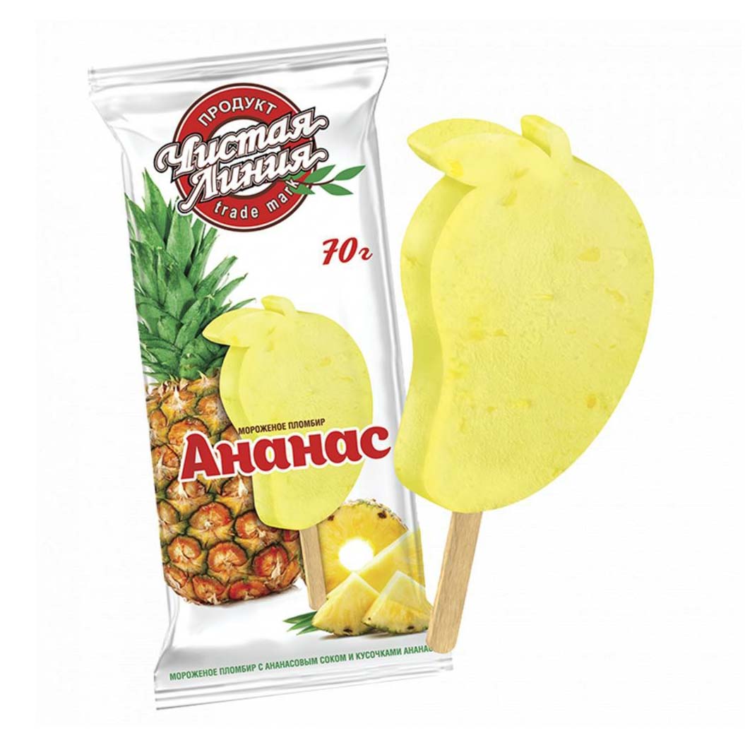 Мороженое пломбир Чистая линия с ананасовым соком и кусочками ананаса БЗМЖ 70 г