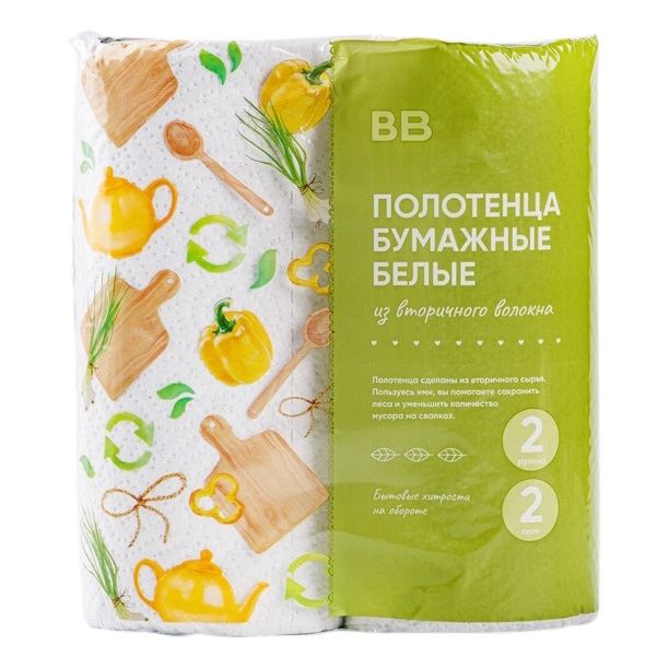 

Бумажные полотенца ВкусВилл 2 слоя 2 рулона, Белый, 100679095