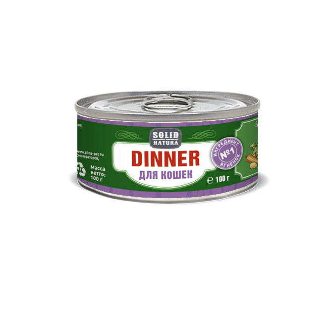 

Консервы для кошек SOLID NATURA Dinner, беззерновые, с ягненком, 100г, Dinner