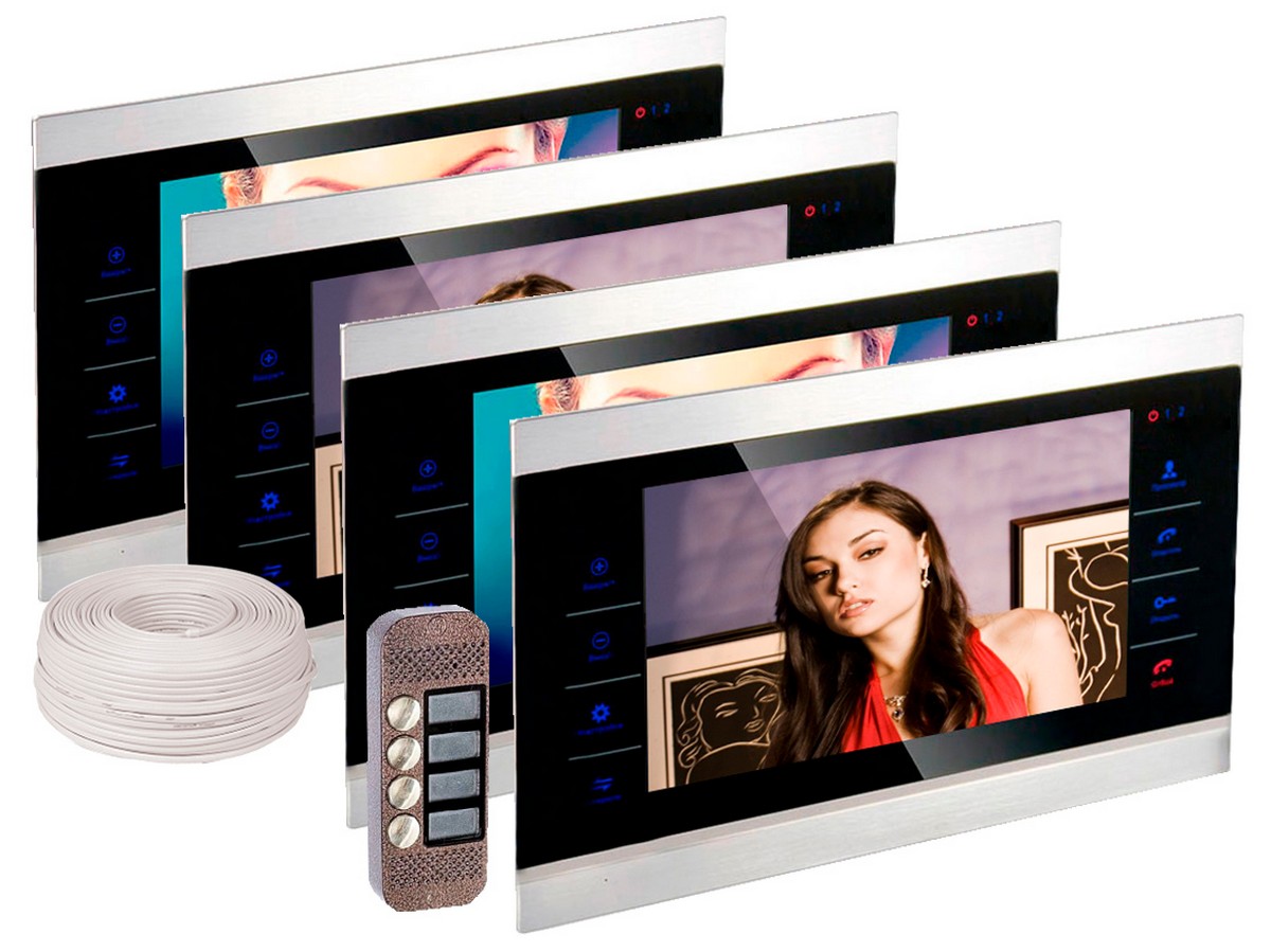 Цветной видеодомофон JSB-V084 для 4х квартир с четырьмя мониторами HDcom S-104-M 160921895 смайл на пружинке на панель в авто язык желтый