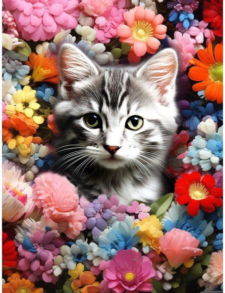 Алмазная мозаика на подрамнике Кот в цветах, 40x30 см, 48 цветов, 85930