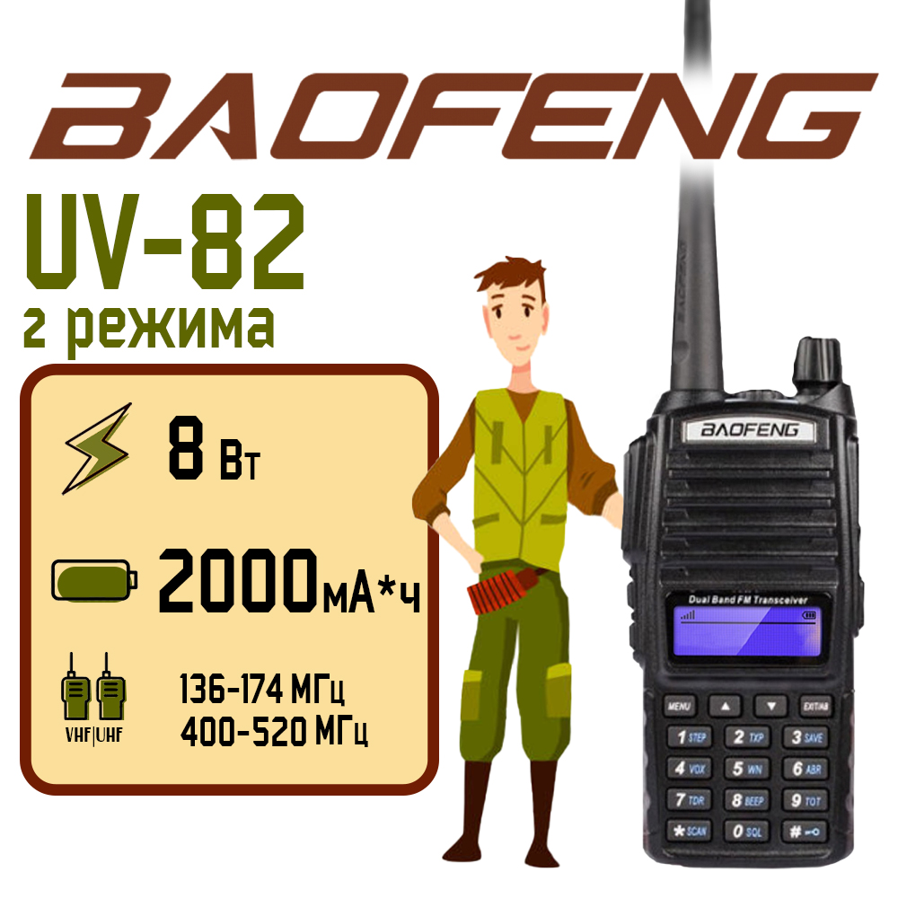 

Портативная рация Baofeng UV-82 8W черная, Черный, UV-82 8W 2 режима