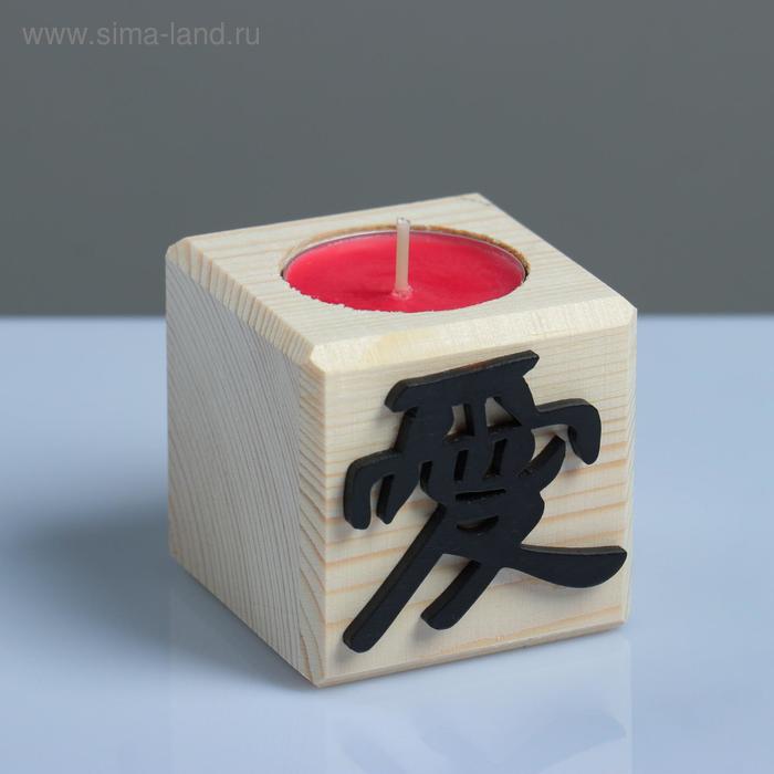 фото Свеча в деревянном подсвечнике куб, иероглифы. любовь, аромат вишни nobrand