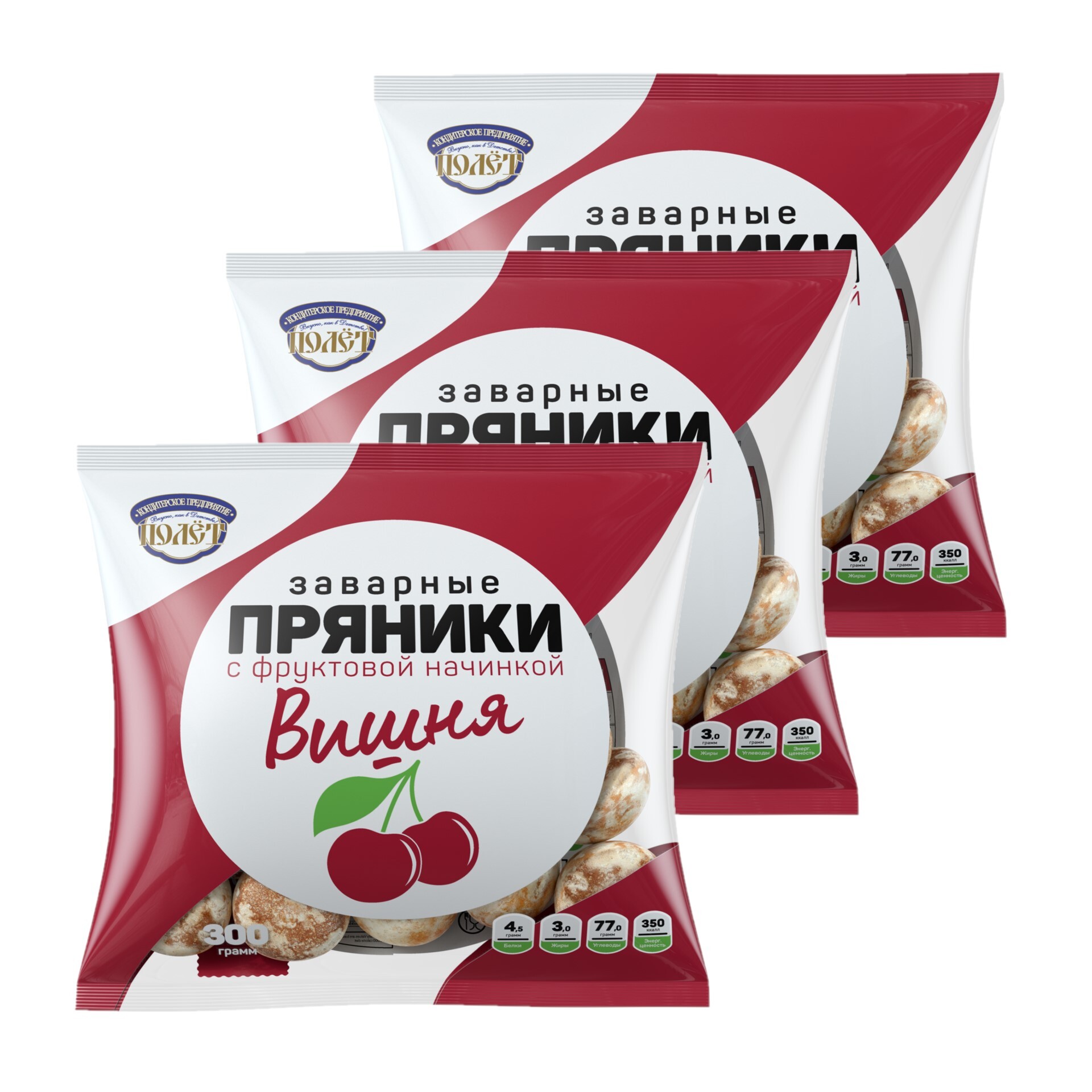 

Пряники с вишнёвой начинкой заварные ПОЛЕТ, 300г х 3шт