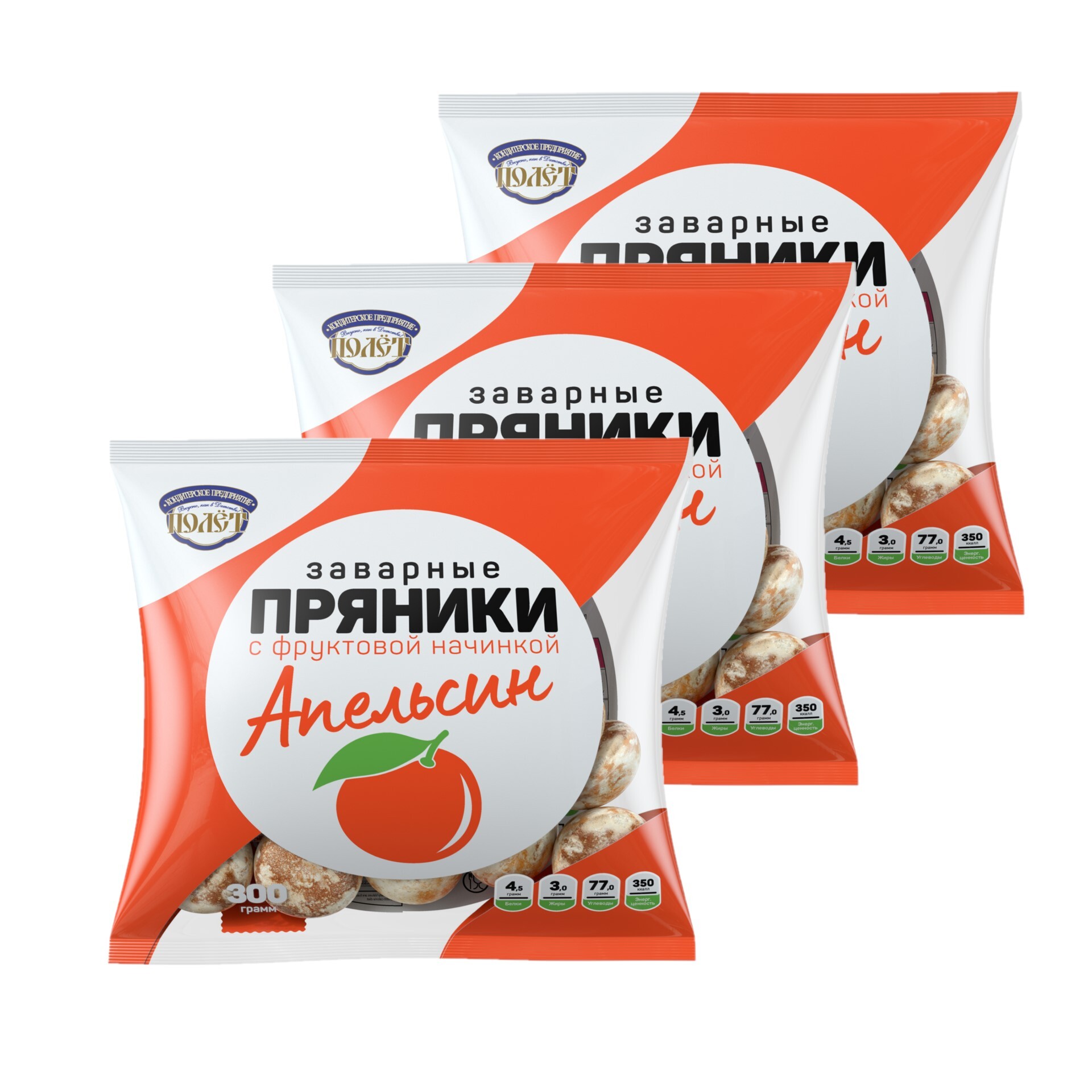 

Пряники с апельсиновой начинкой заварные ПОЛЕТ, 300г х 3шт