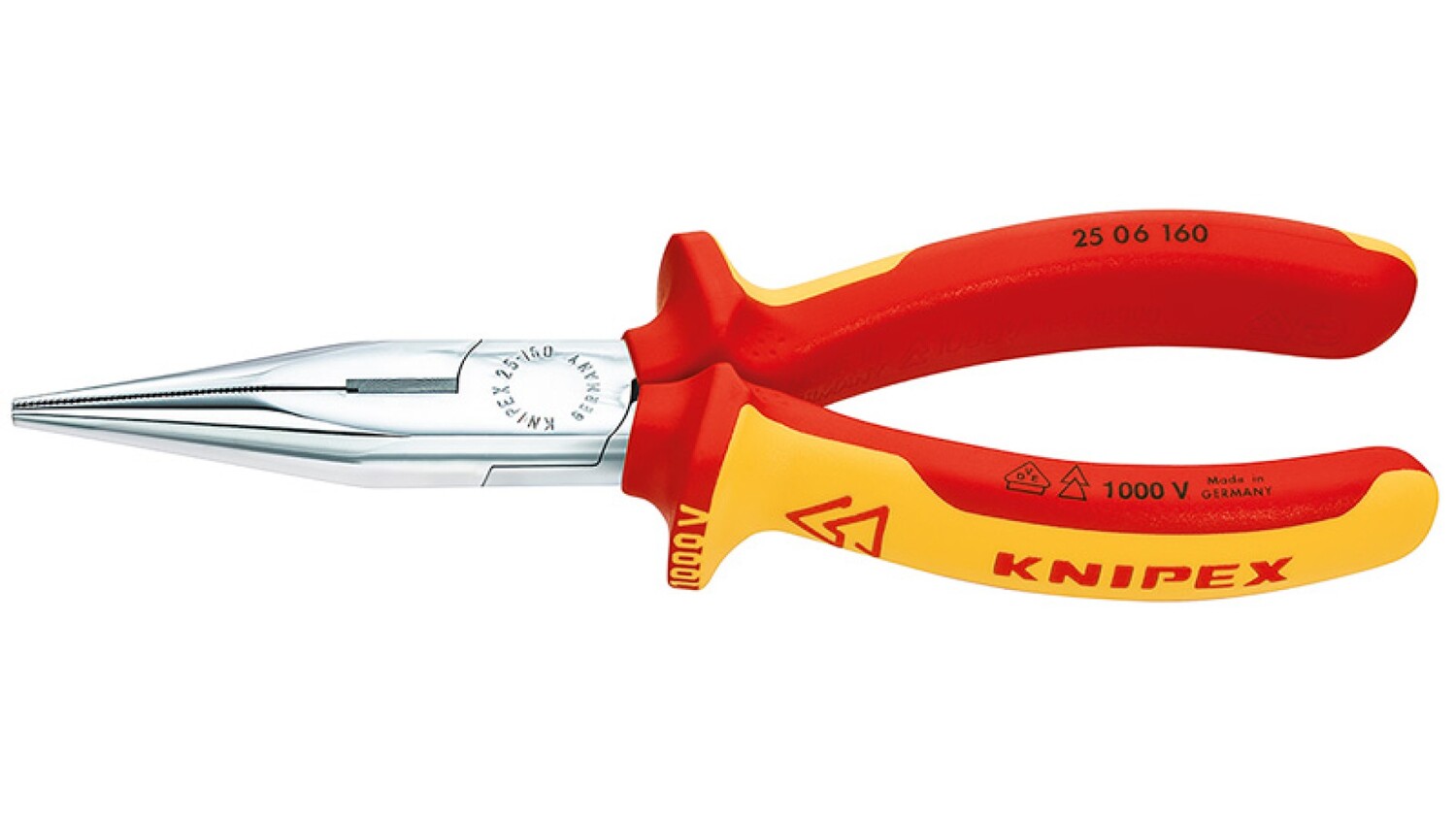 Длинногубцы Knipex с режущими кромками VDE, 160 мм, хром, 2-комп ручки, KN-2506160SB