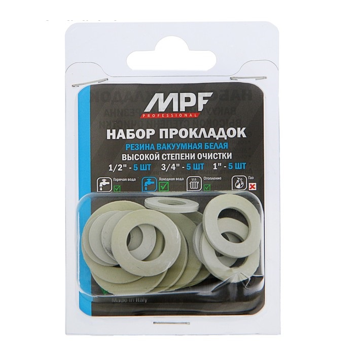 

Прокладка резиновая Masterprof ИС.131222, 1/2", 3/4", 1", набор 15 шт., белая
