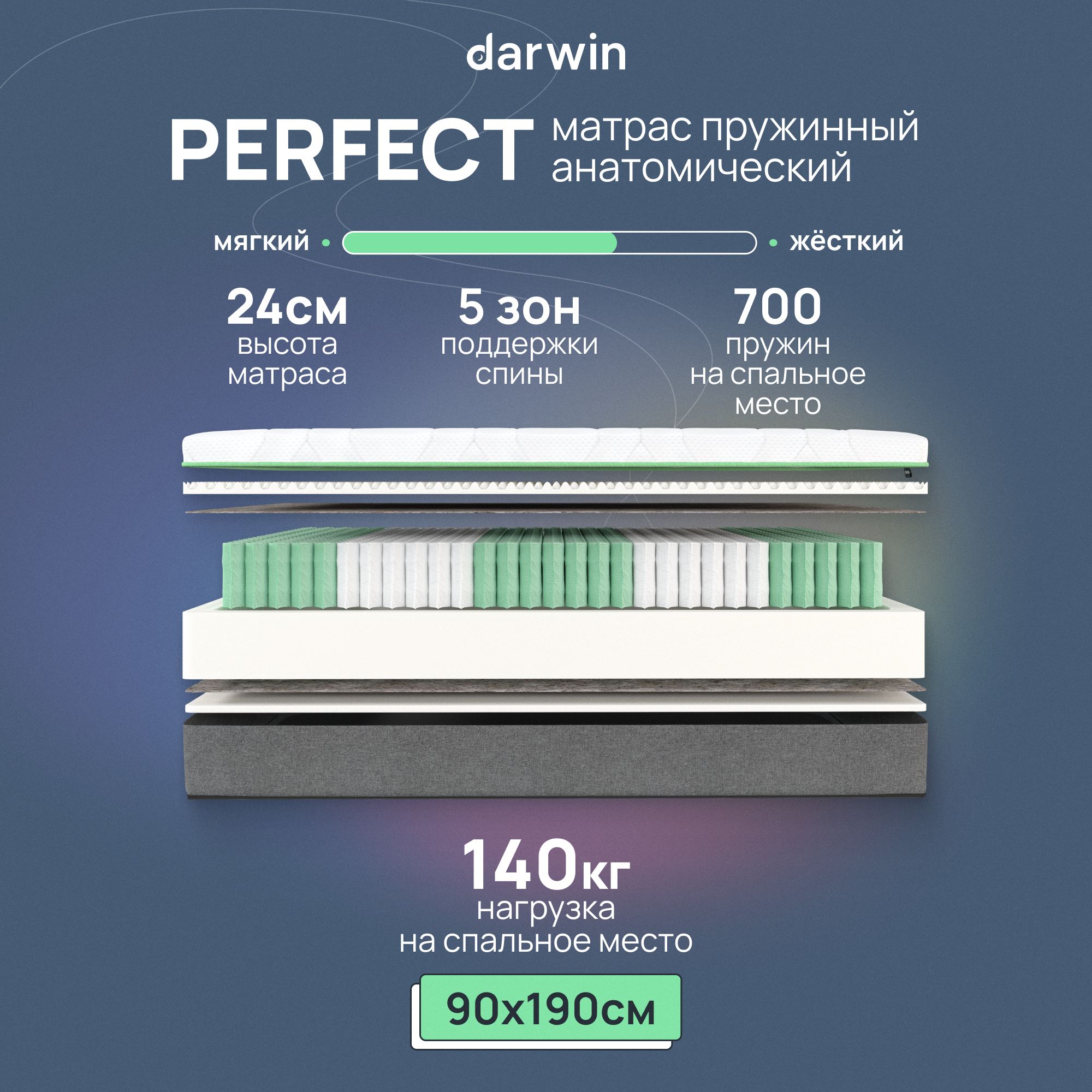 Ортопедический матрас Darwin Perfect 90х190, независимые пружины, высота 24 см, белый