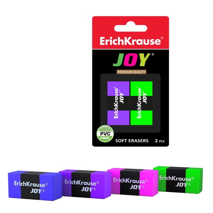 

Ластик ErichKrause Joy Rainbow, 2 штуки, блистер, Разноцветный, Joy-serias