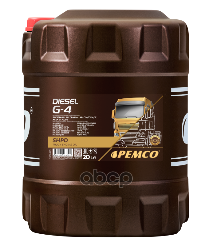 

Моторное масло PEMCO полусинтетическое DIESEL G-4 CI-4/CH-4/SL/CI-4 Plus 15W40 20л