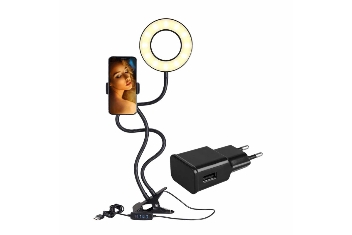 фото Кольцевая лампа rl9-a черная с гибким креплением для телефона на прищепке с адаптером mobicent