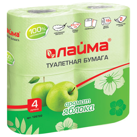 Купить Бумага туалетная ЛАЙМА 2-х слойная бытовая спайка 4 шт 19 м аромат яблока 128722