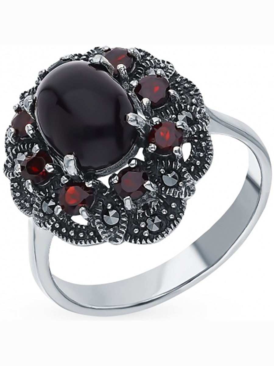 

Кольцо Цветок с гранатами, марказитами и ониксами из серебра р. 18 Марказит HR956, HR956