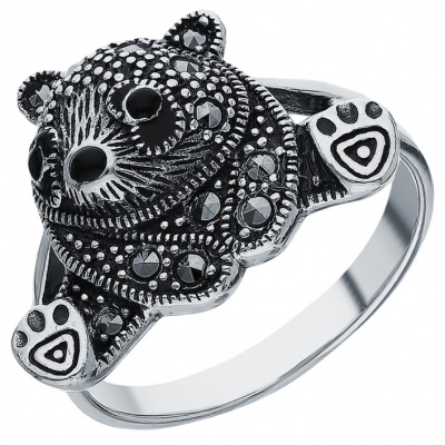 

Кольцо Мишка с эмалью, марказитами и ониксами из серебра р. 18 Марказит HR1164, HR1164