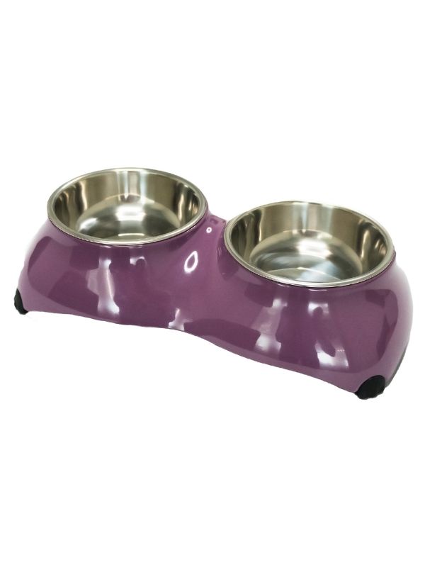 фото Двойная миска для кошек и собак superdesign лапки, нержавеющая сталь, розовый, 2х350 мл