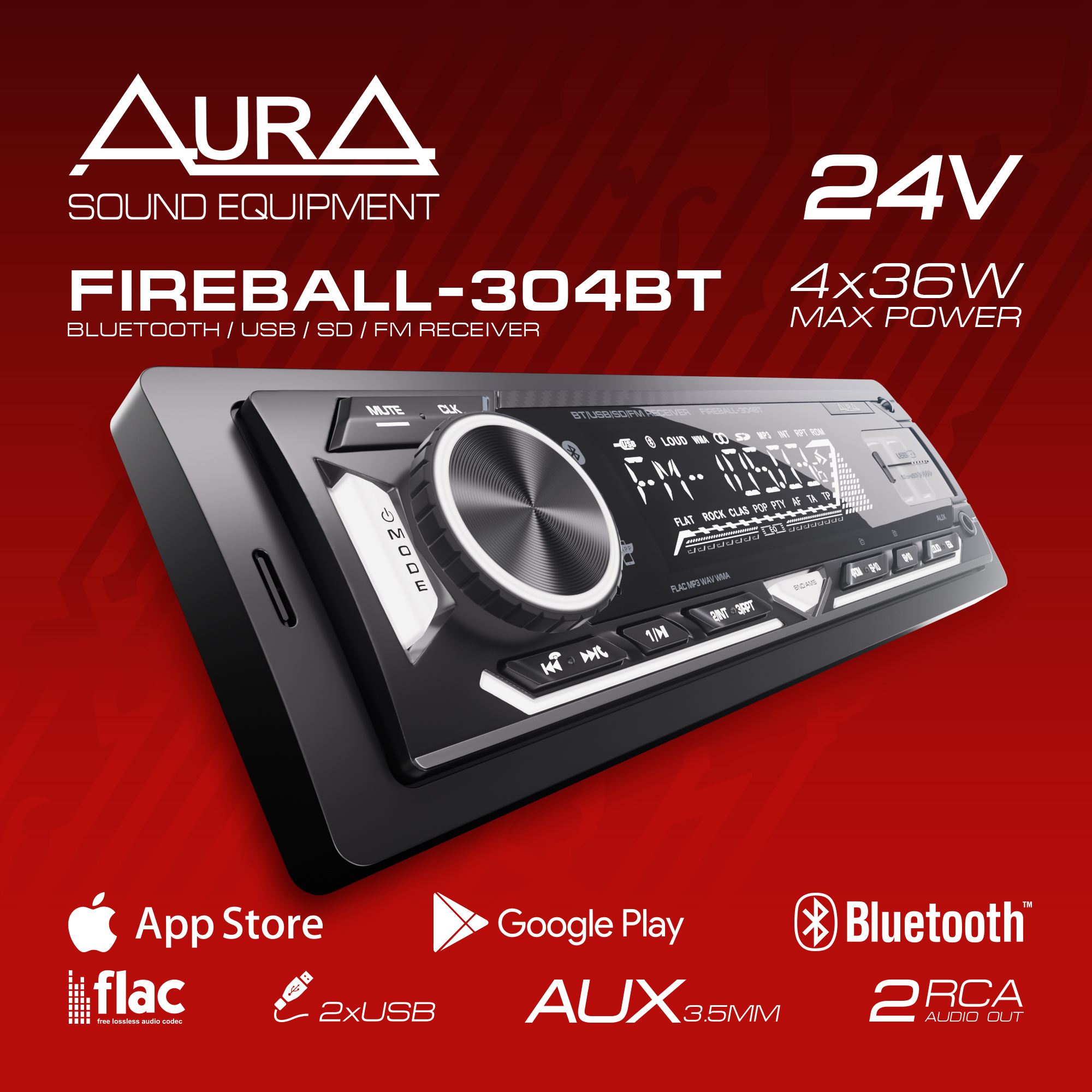 Ресивер автомобильный AurA FIREBALL-304BT USB/SD