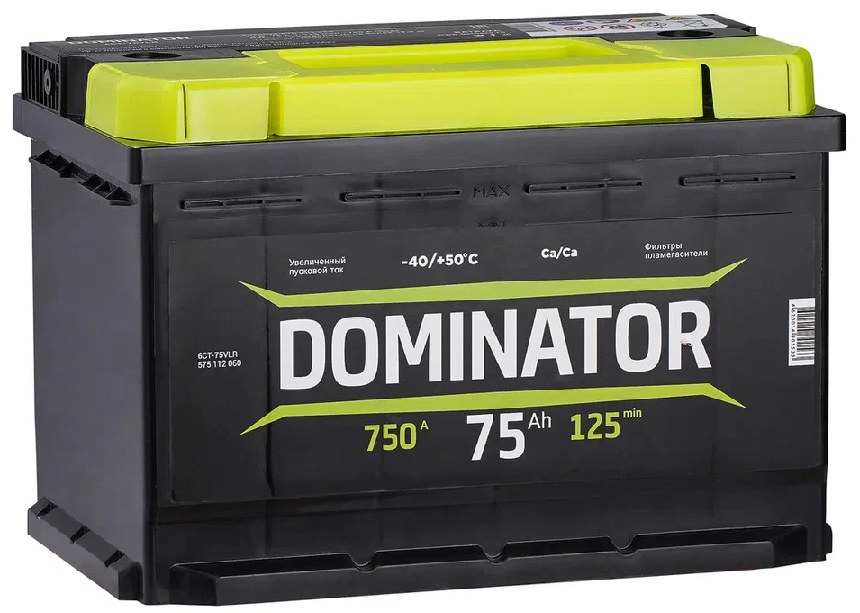 

Аккумулятор автомобильный Dominator 75 А/ч 750 А обр. пол. Евро авто (278x175x190), Евро L3