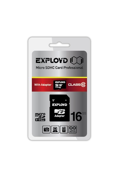 Карта памяти Exployd MicroSDHC 16GB Class10, адаптер SD