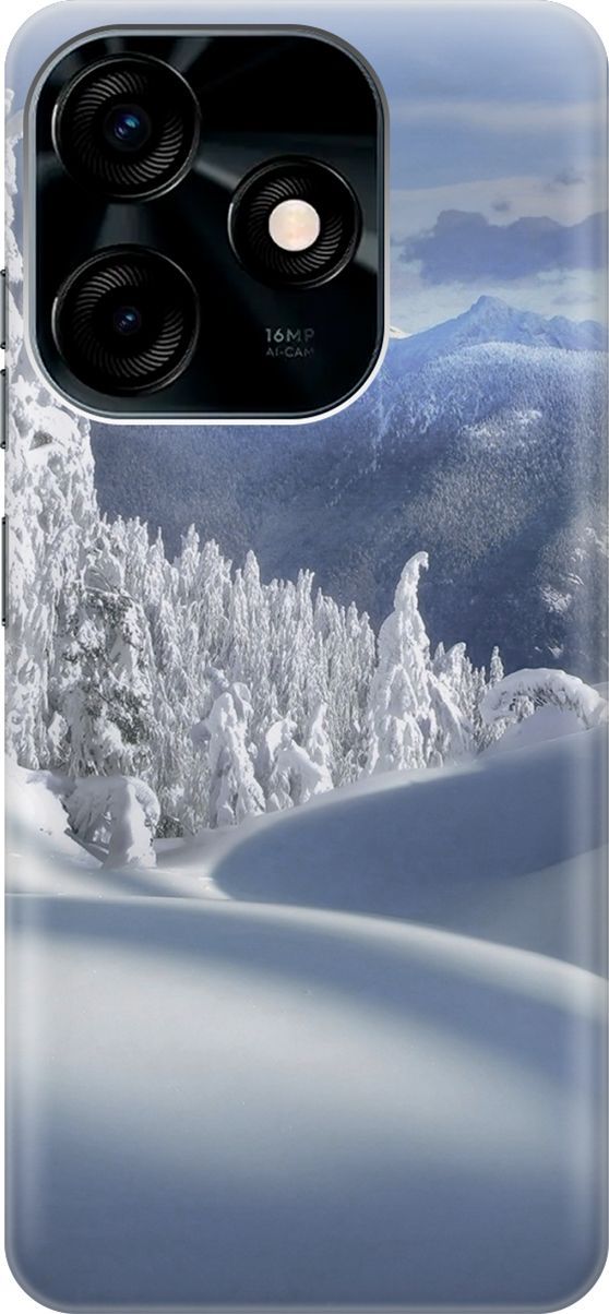 

Силиконовый чехол на Tecno Spark 10C "Заснеженный лес и горы", Белый;голубой, 159585