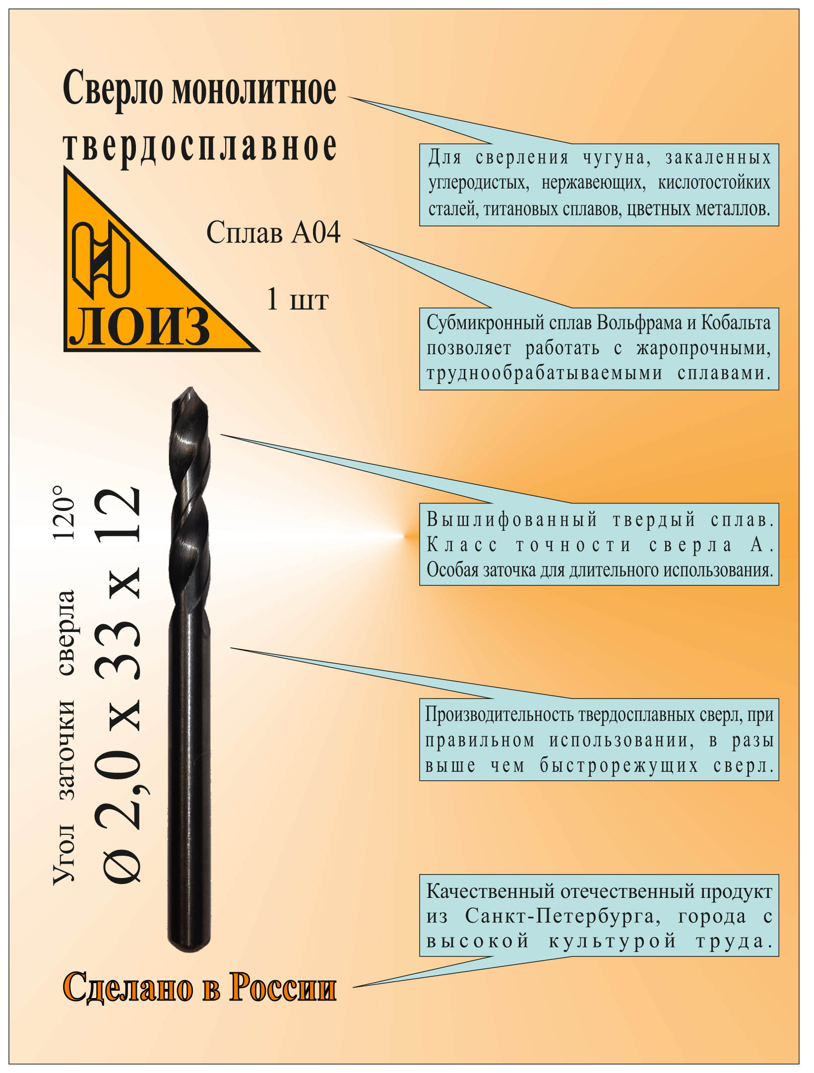 Сверло по металлу твердосплавное монолит ЛОИЗ 20х12х33 ммцхСплав А04 укороченное 200₽