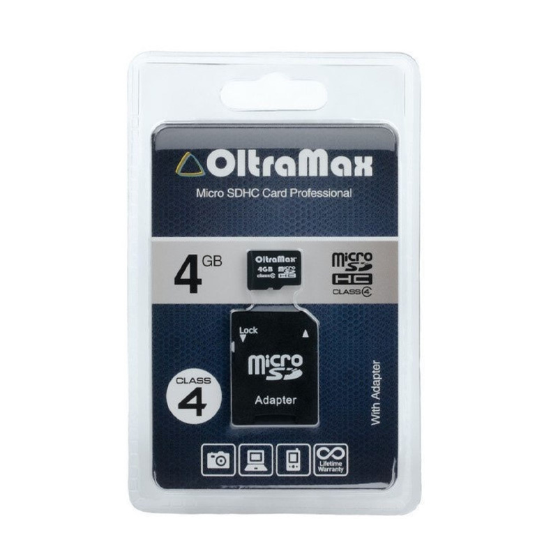 

Карта памяти OltraMax MicroSDHC 4GB Class4 + адаптер SD